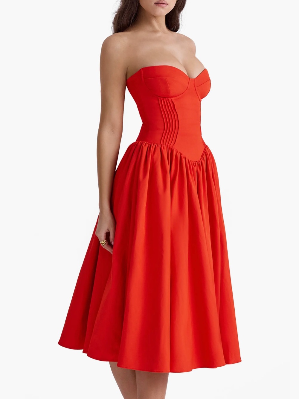 House of CB Red Elizabeth Strapless Midi Dress with Corset Bodice - Picture 2 of 8